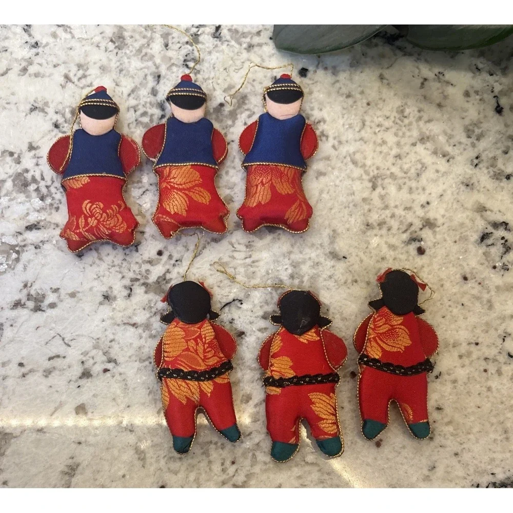 6 Silk Embellished Christmas‎ Ornaments Asian Children Chinese Lunar New Year
